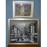 A Parisian street scene, oil on canvas and a New York landscape print, both framed