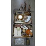 Two boxes of assorted items, model boat, wooden bookends, barometer, onyx ashtrays, etc. **PLEASE