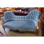 A Victorian rosewood and turquoise fabric upholstered settee