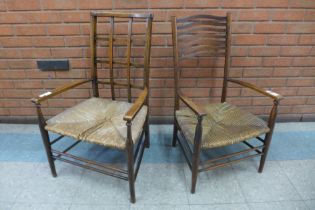 A Liberty & Co., Arts and Crafts beech lattice back fireside chair and one other
