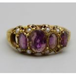 A Victorian 15ct gold, seed pearl and amethyst ring, Birmingham 1877, lacking a stone and a pearl,