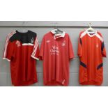 Three retro Nottingham Forest football shirts, large and two medium