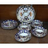 Four Crown Derby trios and a Royal Crown Derby sandwich plate, (sandwich plate a/f)