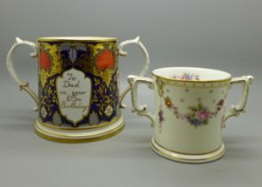 A Royal Crown Derby Royal Antoinette loving cup and a Derby Ceramic Art Studios Hamilton Imari