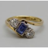 A yellow metal, sapphire and diamond crossover ring, 3.4g, O
