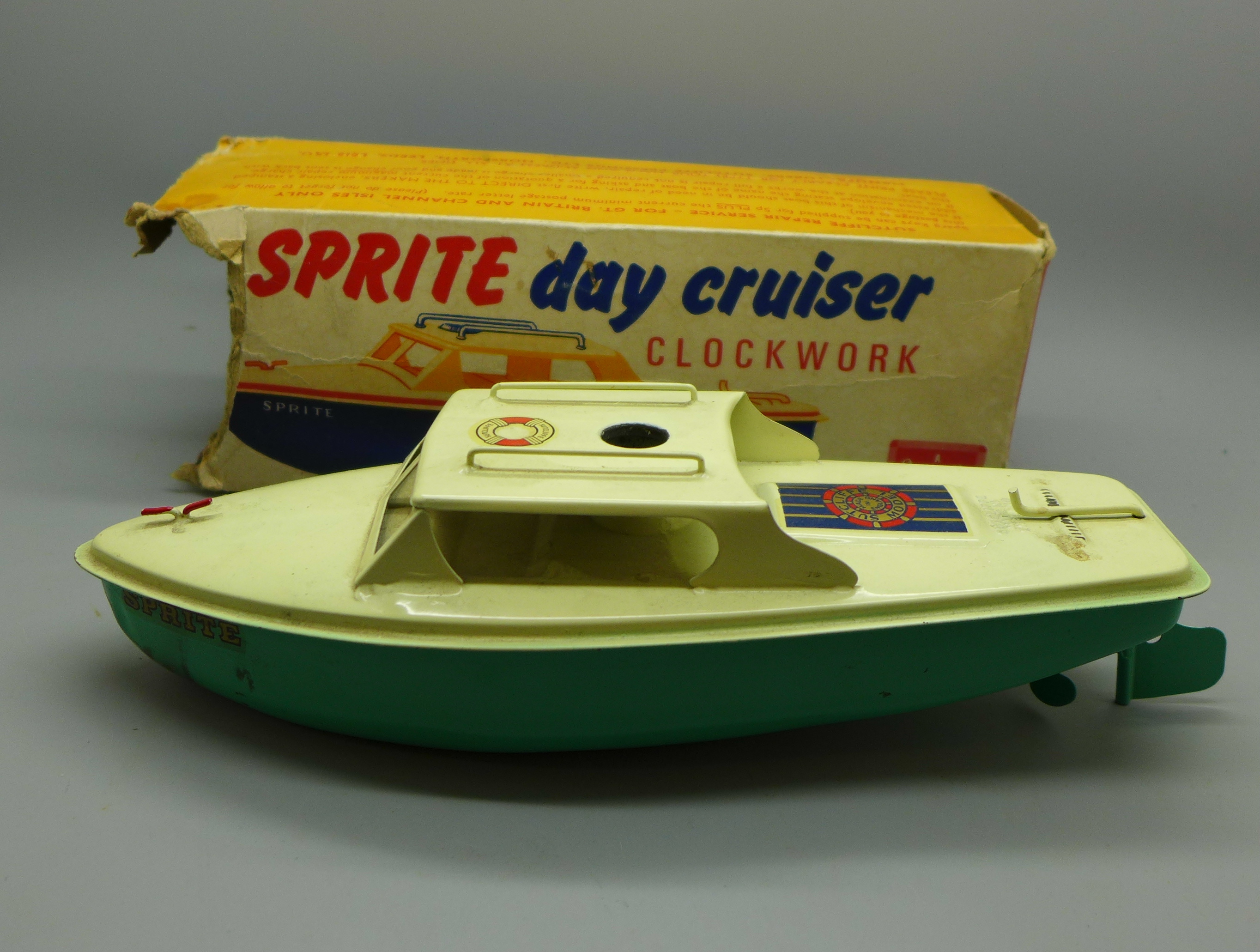 A Sutcliffe model tin-plate Sprite Day Cruiser with key, boxed