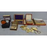 Costume jewellery, a part drawing set, a travel clock and hunting scene place mats **PLEASE NOTE