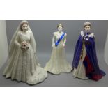 Two figures of HM Queen Elizabeth II, Royal Worcester Diamond Wedding Anniversary, Golden Jubilee