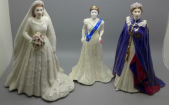 Two figures of HM Queen Elizabeth II, Royal Worcester Diamond Wedding Anniversary, Golden Jubilee