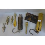 Two spring scales, Salter and Excelsior and other mixed brass and a door lock