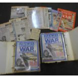 Two Images of War magazine binders with contents and a collection of WWI and WWII newspaper articles