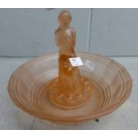 A mid 20th Century peach glass posy/table centrepiece, base a/f