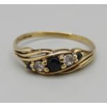 A 9ct gold, blue and white stone ring, 1.4g, P