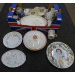 A box of mixed china; Wedgwood, Coalport, Crown Ducal Dame Laura Knight mug, etc.