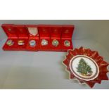 Six Halcyon Days Enamels Christmas trinket boxes, boxed, and a Villeroy & Boch Toy's Fantasy