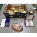 A copper kettle, kitchen scales and weights, jelly mould, plated flatware, etc. **PLEASE NOTE THIS