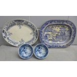 A blue and white Willow Pattern plate, one other and two Chinese bowls **PLEASE NOTE THIS LOT IS NOT