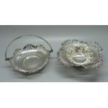 A pierced silver dish, 42g, 13cm, a/f, and one other plated dish with handle