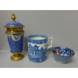 A blue and white mug, a bowl and an enamelled lidded vase, a/f