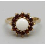 A 9ct gold garnet and opal cluster ring, 2.5g, M