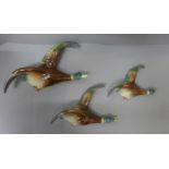 Three ceramic flying Mallard Duck wall plaques