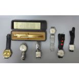 Vintage wristwatches; Yeoman, Timex, Sekonda, Buler and Ruhler and a rolled gold pen and pencil