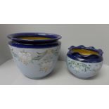 A Lovatts Langley ware leadless glaze pale blue decorated pattern large jardiniere with royal blue