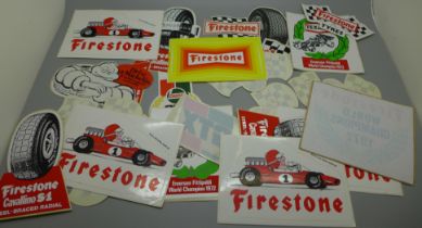 A collection of motor racing advertising stickers, Castrol, Michelin and Firestone