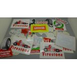 A collection of motor racing advertising stickers, Castrol, Michelin and Firestone