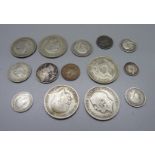 A Victorian silver shilling and three other pre 1920 coins, 12g, and a collection of 1920 to 1946