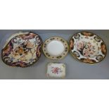 A Royal Crown Derby 383 soup dish, a shaped Crown Derby dish, a Derby Border tea plate and a Derby