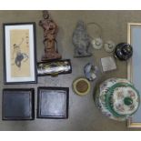 A box of oriental items, jar and cover, terracotta soldier, a plate on copper square box decorated