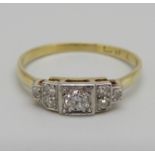 An Art Deco 18ct gold, seven stone diamond ring, 1.6g, L