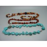 Two agate bead necklaces and a matrix turquoise necklace