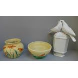 An E. Radford bowl and vase and a Costa Italy bird container, bird tail feather a/f