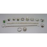 Ten silver rings, three white metal rings including garnet and opal cluster and two silver bracelets