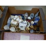 Three boxes of mixed china, a blue and white part tea set, Royalty commemorative cups and saucers,