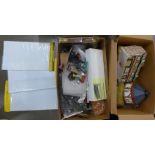 Two boxes of garden model rail buildings, accessories and other model rail kits, etc.