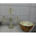 A Wedgwood chintz pattern bowl within a wooden bowl with plated rim and base, and a glass candelabra