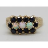 A 9ct gold, opal and sapphire ring, 3.6g, S