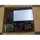 Rollei slide projector and vintage cameras including a Pathescope H Motocamera, boxed, and a