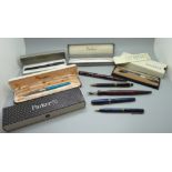 A collection of pens/pencils including a Mont Blanc propelling pencil and a Conway Stewart 36 with