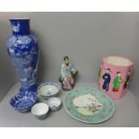 Oriental items; a blue and white vase, 41cm, a porcelain figure, a plate and small bowls