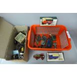 A box of die-cast model cars and ships, including early Dinky Toys and a box of assorted items