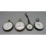 Three silver pocket watches and a fob watch