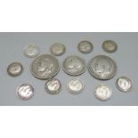 Thirteen silver coins, 1919-1933, two florins, one shilling and ten 3d, 42g