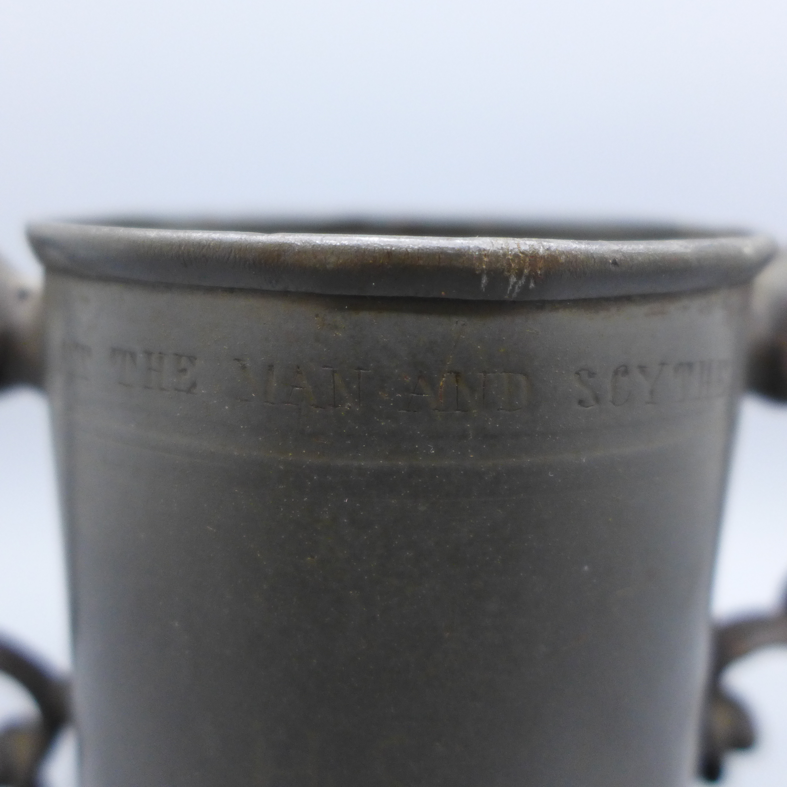 A 17th Century two handled tankard, a/f, with worn inscription, 'At The Man And Scythe Sacred to The - Image 3 of 5