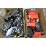 Two boxes of silver plate, including a four piece tea service, two trays, goblets, etc. **PLEASE