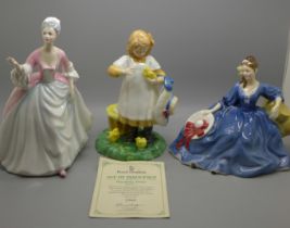 Three Royal Doulton figures, Elyse, Diana and Age of Innocence Feeding Time, all boxed