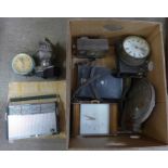 A Knight helmet shaped transistor radio, boxed, a Pye Bantam receiver, Sony radio and other clocks